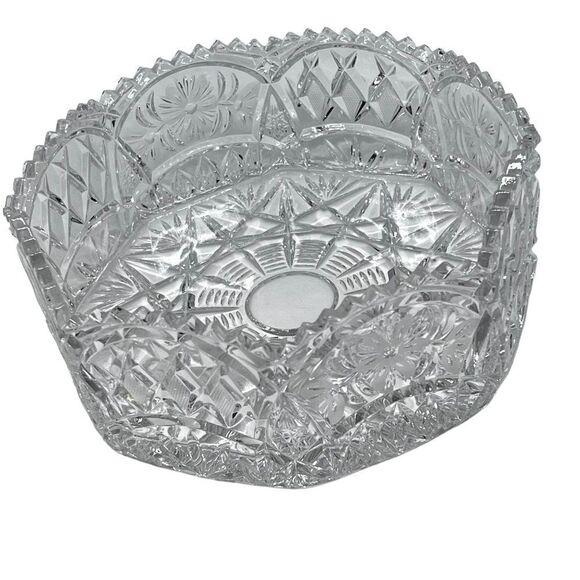 Antique Deeply Cut Crystal Sawtooth Edge Bowl Floral Diamond Design 8x3.5 Heavy - Picture 5 of 8